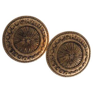 Chanel Medallion Logo Earrings Gold Vintage